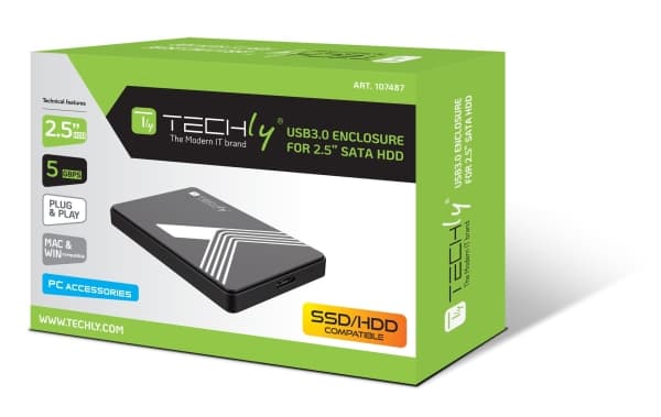 Techly I-CASE USB3-SL25TY, HDD- / SSD kabinett, 2.5", SATA, USB-anslutning, Svart
