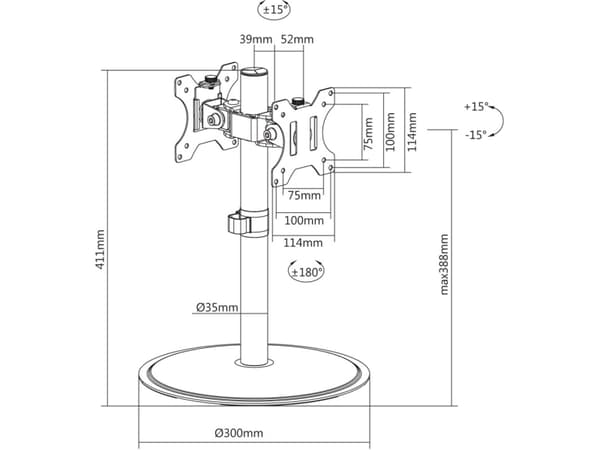 TECHly - Stativ (stang, 2 braketter, sokkel) - for 2 LCD-display / bøyd LCD-display - monitor arm - plastikk, aluminium, stål - matt svart - skjermst