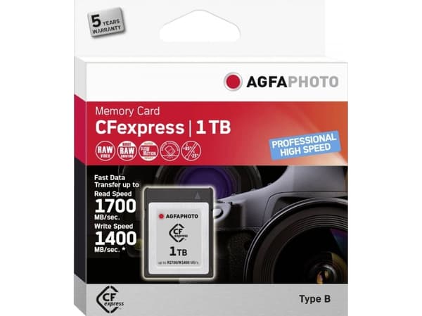 AgfaPhoto CFexpress Professional, 1000 GB, CFexpress, NAND, 1700 MB/s, 1400 MB/s, Kyltålig, Värmetålig, Stöttålig, Röntgentålig