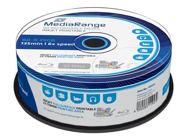 MediaRange MR515, 25 GB, BD-R, Kakkulaatikko, 25 kpl