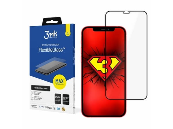 3MK FlexibleGlass Max iPhone 12/12 Pro 6.1" musta/musta, hybridi lasi, jossa on vahvistetut reunat