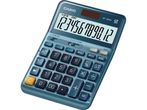 Casio DF-120EM, Työpöytä, Näyttölaskin, 12 lukua, Näyttön kallistus, Akku/Aurinko, Sininen