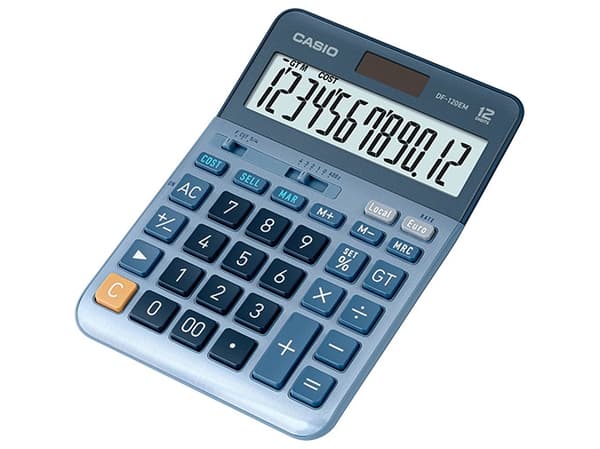 Casio DF-120EM, Työpöytä, Näyttölaskin, 12 lukua, Näyttön kallistus, Akku/Aurinko, Sininen
