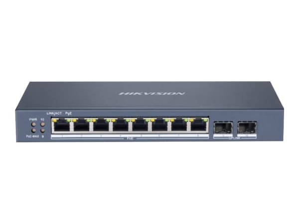 Hikvision DS-3E1510P-EI - Switch - smart - 8 x 10/100/1000 (PoE+) + 2 x Gigabit SFP - stasjonær - PoE+ (110 W) - DC-strøm