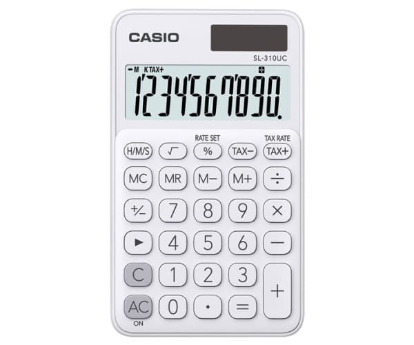 Casio SL-310UC-WE, Tasku, Perus, 10 lukua, 1 linjat, Akku/Aurinko, Valkoinen