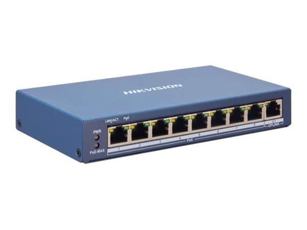 Hikvision DS-3E1309P-EI - Switch - smart - 8 x 10/100 (PoE+) + 1 x 1000Base-T - stasjonær - PoE+ (110 W) - DC-strøm Blå