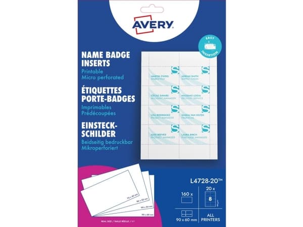 Avery Name Badges Printable inserts - Hvit - 60 x 90 mm - 190 g/m² - 160 kort (20 ark x 8) navneskiltkort