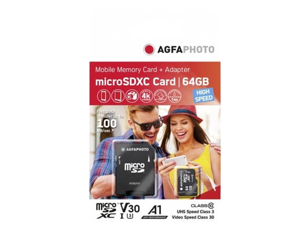 AgfaPhoto - Flash-minneskort (microSDXC till SD-adapter inkluderad) - 64 GB - mikroSDXC UHS-I