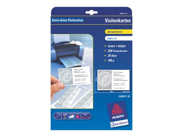 Avery C32010 - Hvit - 54 x 85 mm - 185 g/m² - 250 stk (25 ark x 10) visittkort