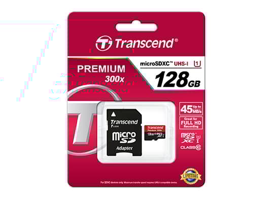 Transcend Premium - Flashminnekort (microSDXC til SD-adapter inkludert) - 128 GB - UHS Class 1 / Class10 - 300x - microSDXC