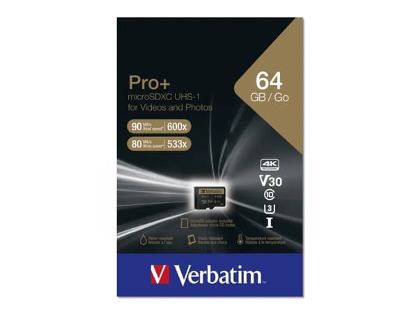 Verbatim PRO+ - Flashminnekort (microSDXC til SD-adapter inkludert) - 64 GB - UHS Class 3 / Class10 - microSDXC UHS-I