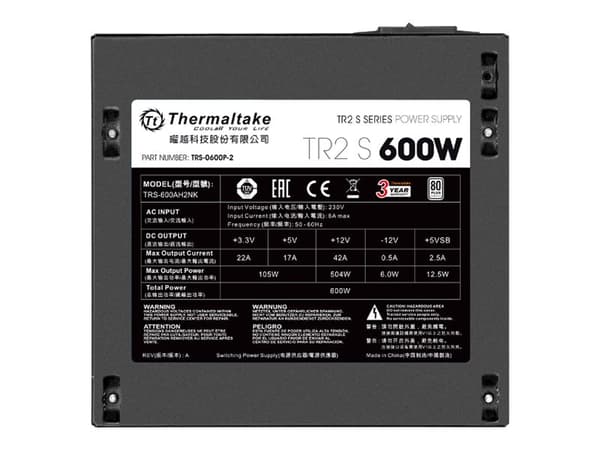 Thermaltake TR2 S 600W - Strømforsyning (intern) - ATX12V 2.3/ EPS12V - 80 PLUS - AC 230 V - 600 Watt - aktiv PFC - Europa - lajittelu - lajittelu