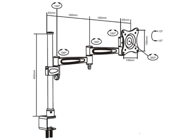 SUNNE LCD-B13, Klemmer, 15 kg, 33 cm (13"), 68,6 cm (27"), 100 x 100 mm, Sort, Sølv
