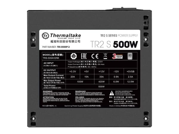 Thermaltake TR2 S 500W - Strømforsyning (intern) - ATX12V 2.3/ EPS12V - 80 PLUS - AC 230 V - 500 watt - aktiv PFC - Europa - svart