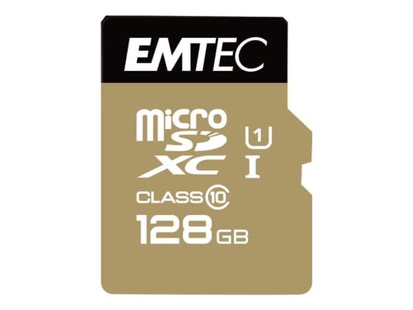 EMTEC Gold+ - Flashminnekort (SD-adapter inkludert) - 128 GB - Class 10 - microSD - gull