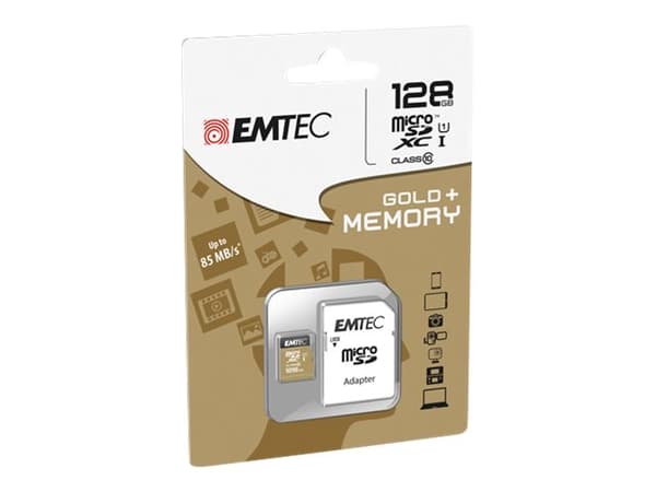 EMTEC Gold+ - Flashminnekort (SD-adapter inkludert) - 128 GB - Class 10 - microSD - gull