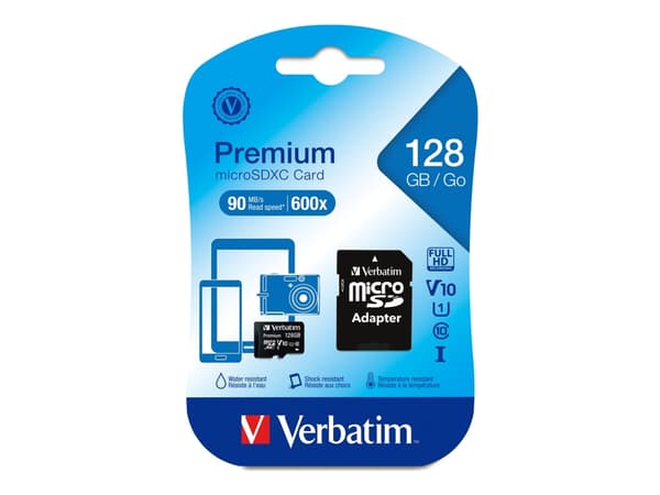 Verbatim Premium - Flash-minneskort (SD-adapter inkluderad) - 128 GB - UHS Class 1 / Class10 - 300x - mikroSDXC UHS-I