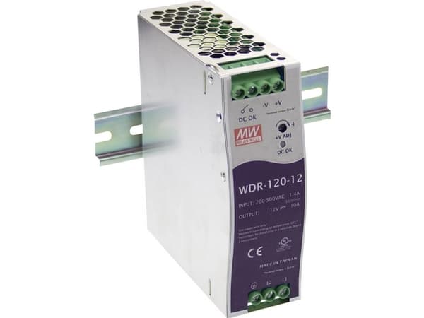 MEAN WELL WDR-120-24, 120 W, 180 - 550 V, 47 - 63 Hz, 0.7 - 1.2 A, 50 ms, 91%