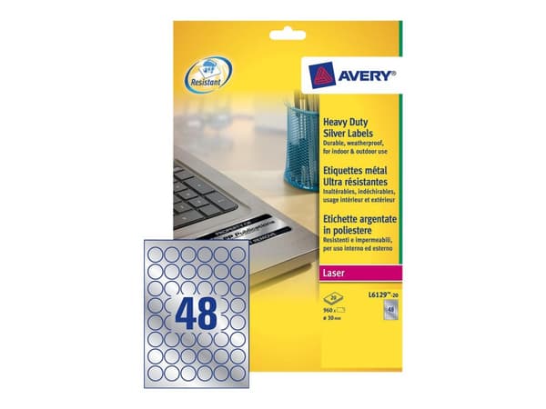 Avery Heavy Duty Laser Labels - Polyester - permanent selv-adhesiv - sølv - 30 mm rund 960 etikett(er) (20 ark x 48) film