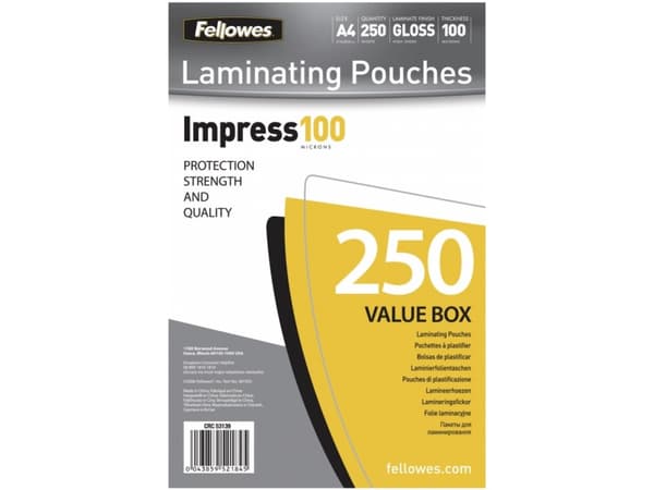 Fellowes Laminating Pouches Impress 100 Micron - 100 mikroner - 250-pack - glanset - hvit - A4 (210 x 297 mm) lamineringspunger
