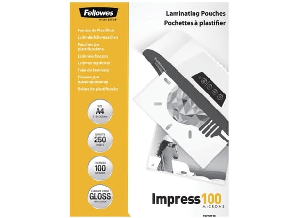 Fellowes Laminating Pouches Impress 100 Micron - 100 mikroner - 250-pack - glanset - hvit - A4 (210 x 297 mm) lamineringspunger