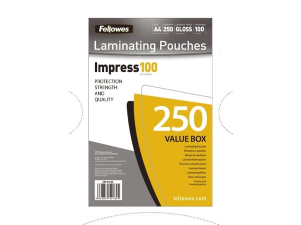 Fellowes Laminating Pouches Impress 100 Micron - 100 mikroner - 250-pack - glanset - hvit - A4 (210 x 297 mm) lamineringspunger