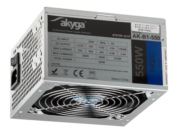 Akyga Basic Series AK-B1-550 - Strømforsyning (intern) - ATX12V 2.31 - AC 230 V - 550 watt - PFC - grå Grå