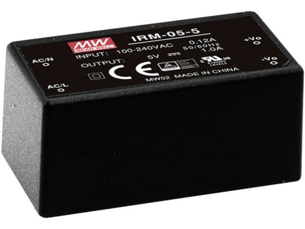 MEAN WELL IRM-05-5, 5 W, 85 - 264 V, Sort, RoHS, ITE EN/UL/IEC 60950, 25,4 mm