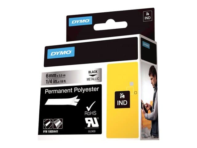 DYMO Rhino Permanent Polyester - Polyester - permanent häftning - svart på metall - Rulle (0,6 cm x 5,5 m) 1 kassett(er) (1 rulle/rullar tejp - för R