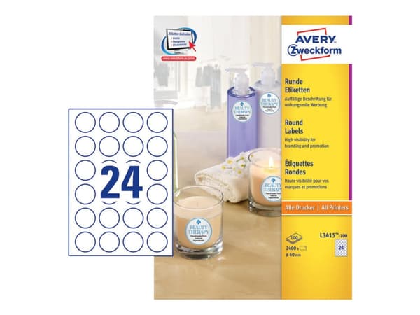 Avery L3415 - Vit - 40 mm rund 2400 st (100 ark x 24) runda etiketter