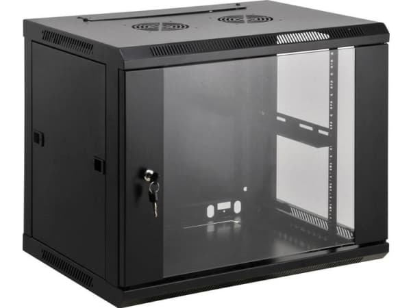 Intellinet-verkkokaappi, seinäasennus (vakio), 9U, käyttösyvyys 500mm/leveys 540mm, musta, koottu, max 60kg, metalli- ja lasiovi, takapaneeli, irrote