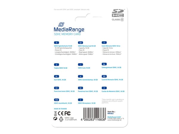 MediaRange - Flashhukommelseskortti - 16 GB - Luokka 10 - SDHC - blå - sininen