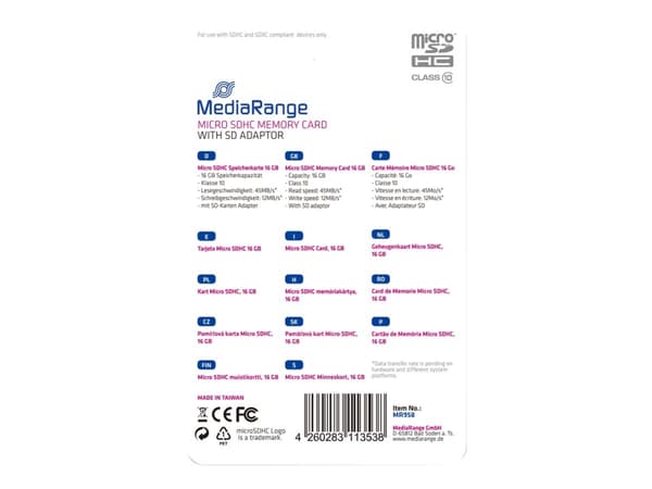 MediaRange - Flashminnekort (microSDHC til SD-adapter inkludert) - 16 GB - Class 10 - microSDHC - svart