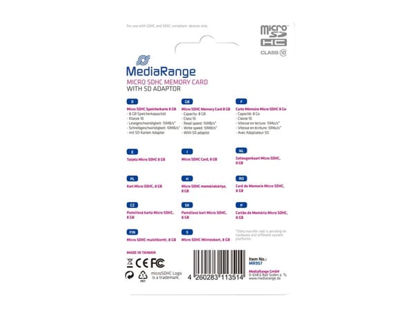 MediaRange - Flashminnekort (microSDHC til SD-adapter inkludert) - 8 GB - Class 10 - microSDHC - svart