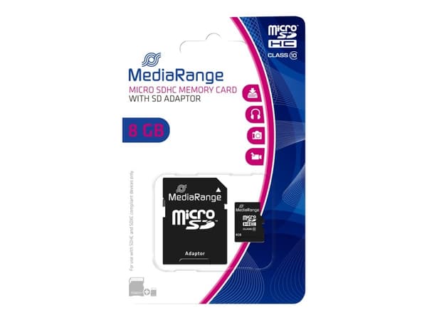 MediaRange - Flashminnekort (microSDHC til SD-adapter inkludert) - 8 GB - Class 10 - microSDHC - svart