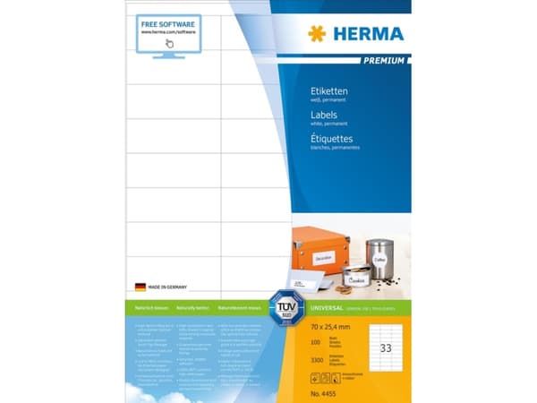 HERMA 4455, Valkoinen, Itse kiinnittyvä tulostintarra, A4, Paperi, Laser/Inkjet, Kiinteä