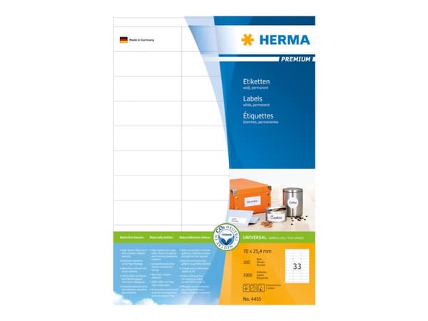 HERMA 4455, Valkoinen, Itse kiinnittyvä tulostintarra, A4, Paperi, Laser/Inkjet, Kiinteä