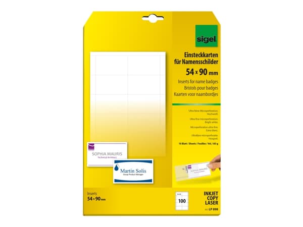 Sigel - Hvit - 54 x 90 mm - 185 g/m² - 100 stk (10 ark x 10) navneskiltkort