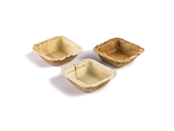 Skål 70x70x20 mm Firkant Bionedbrydelig Palmeblad,24 pk x 25 stk/krt