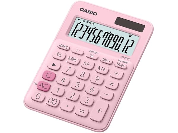 Casio MS-20UC-PK, Työpöytä, Perus, 12 lukua, 1 linjat, Akku/Aurinko, Vaaleanpunainen