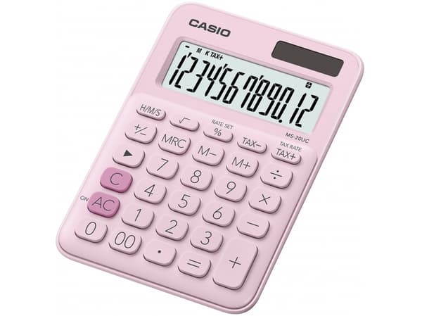 Casio MS-20UC-PK, Työpöytä, Perus, 12 lukua, 1 linjat, Akku/Aurinko, Vaaleanpunainen