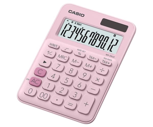 Casio MS-20UC-PK, Työpöytä, Perus, 12 lukua, 1 linjat, Akku/Aurinko, Vaaleanpunainen