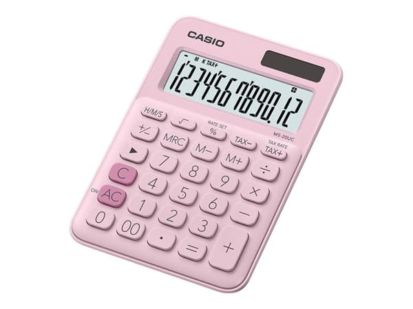 Casio MS-20UC-PK, Työpöytä, Perus, 12 lukua, 1 linjat, Akku/Aurinko, Vaaleanpunainen Vaaleanpunainen