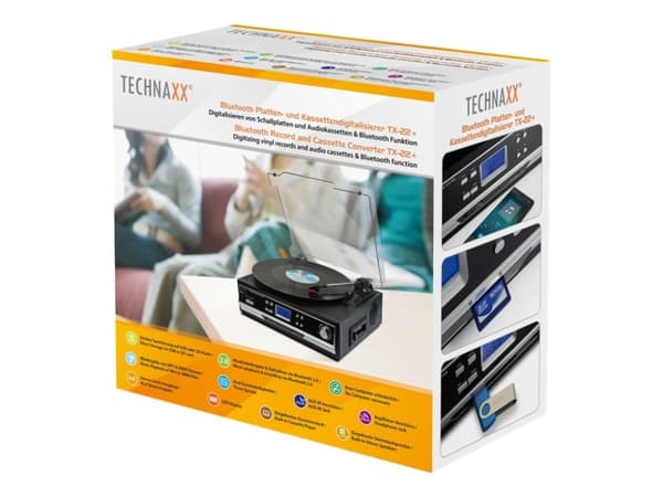 Technaxx TX-22+, Hihnakäyttöinen levysoitin, Puoliautomaattinen, Musta, 33,45,78 RPM, Rotaatio, Keraaminen stereoäänirasia
