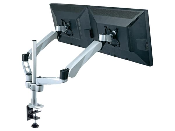 SpeaKa Professional SP-3947568 Flex Dobbelt Skærm-bordslag 25,4 cm (10) - 68,6 cm (27) Sort, Sølv Højdeindstilling, Vippebar, Bevægelig, Kan roteres