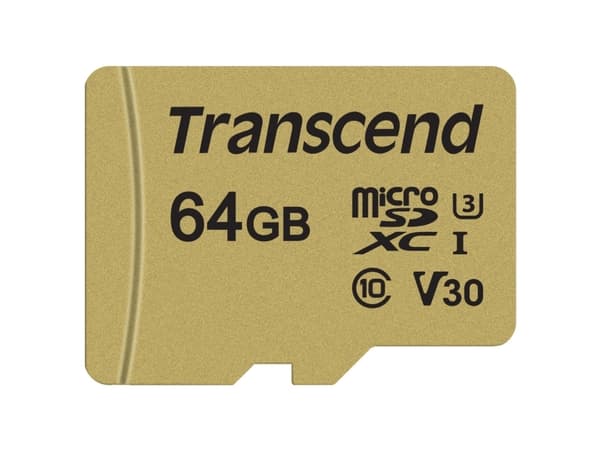 Transcend 500S - Flashminnekort (microSDXC til SD-adapter inkludert) - 64 GB - Video Class V30 / UHS-I U3 / Class10 - microSDXC