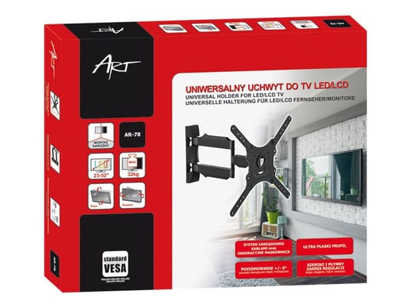 ART AR-78 - Brakett - justerbar arm - for LCD-TV - metall - pulverbelagt svart - skjermstørrelse: 23"-52" - veggmonterbar