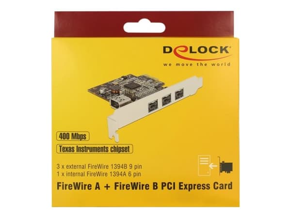 DeLock PCI Express-kort > 3 x ekstern FireWire B + 1 x intern FireWire A - FireWire-adapter - PCIe - FireWire 800