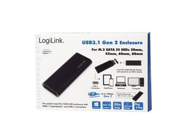 LogiLink UA0314, SSD-kotelo, M.2, SATA, 10 Gbit/s, USB-liitettävyys, Musta