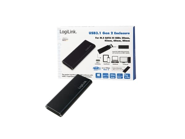 LogiLink UA0314, SSD-kotelo, M.2, SATA, 10 Gbit/s, USB-liitettävyys, Musta